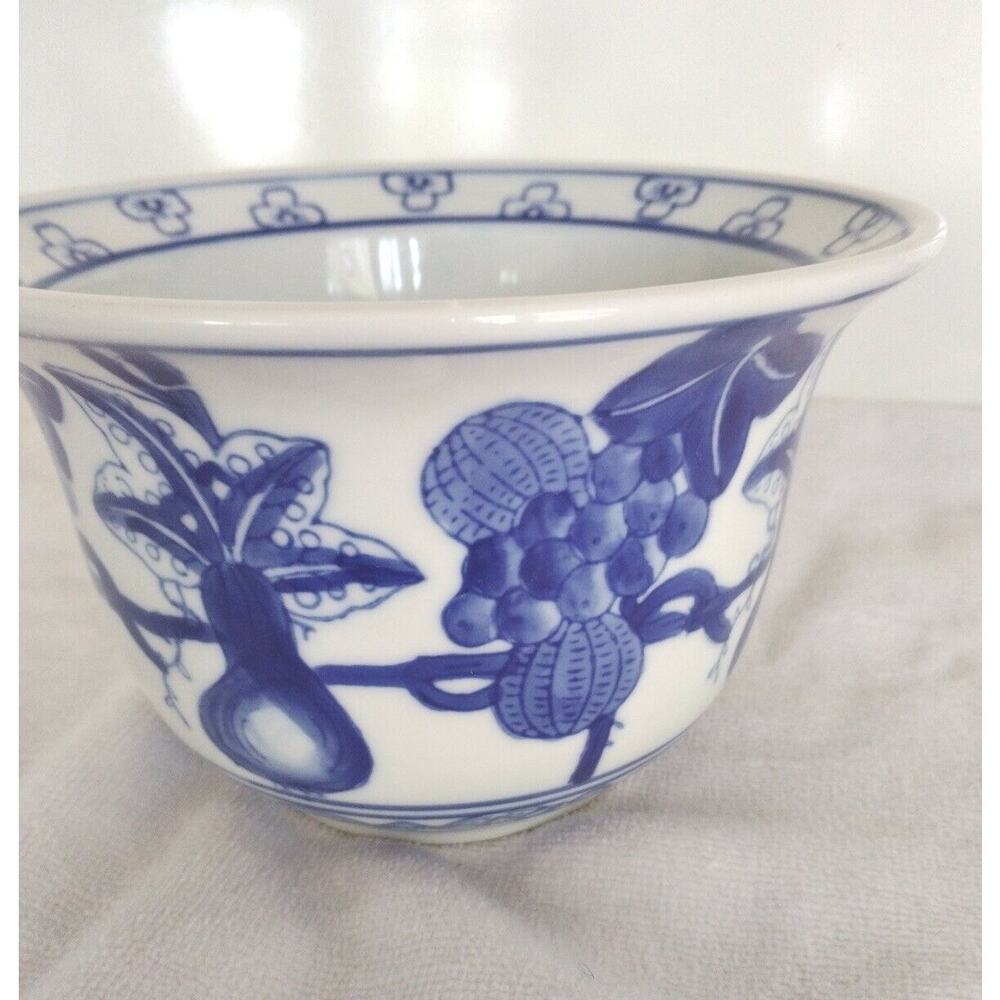 Vintage Asian Flower Pot 6" Blue and White  Hand Painted Eggplant Melons China